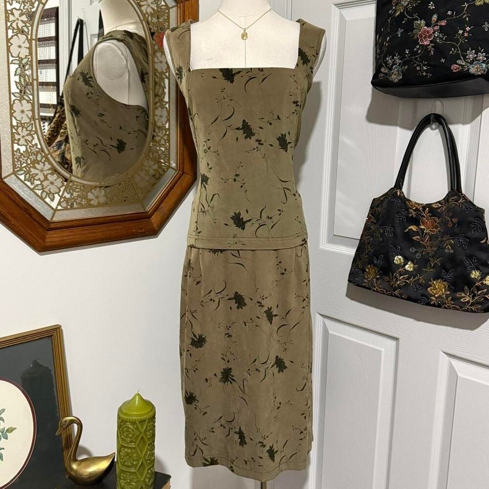 VTG 90s DJ Summers Green Floral Pattern Square Neck Tank Top & Fitted Skirt Set